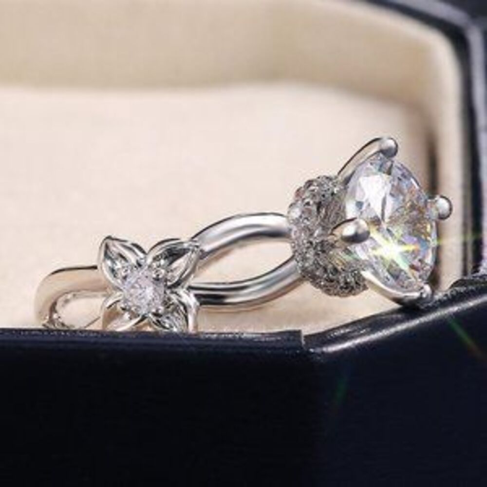 NEW 925 Silver Solitaire Diamond Flower Ring B